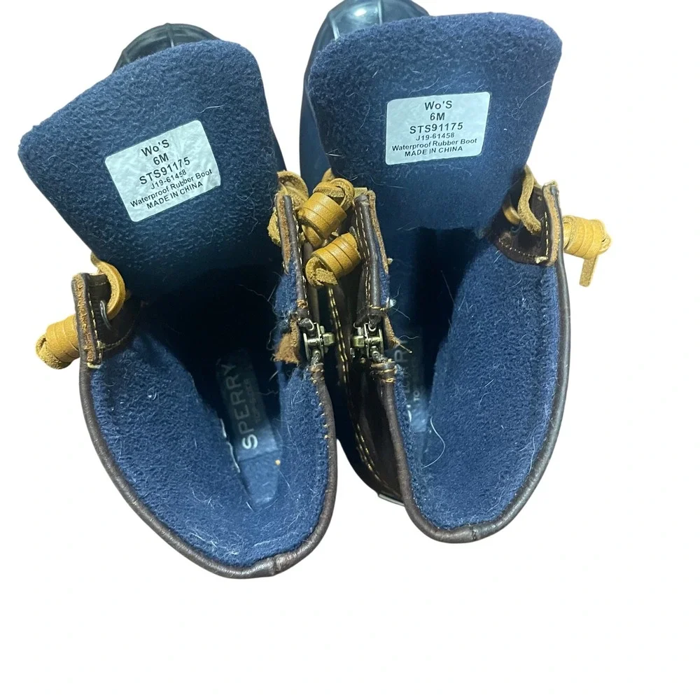 Sperry Saltwater Women Navy Brown Waterproof Rubber Leather Duck Boots 6M